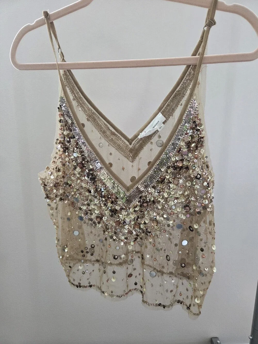 Anthropologie Sequin Embellished Nude-Beige V-Neck Camisole - Picture 1 of 13